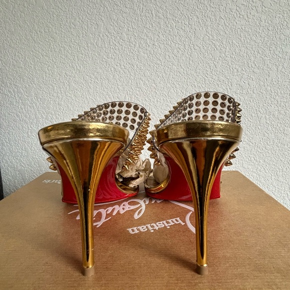 Christian Louboutin Spikes Only 85 Gold PVC Slide Mule Open Sandal Heel Pump 35 - Picture 4 of 10